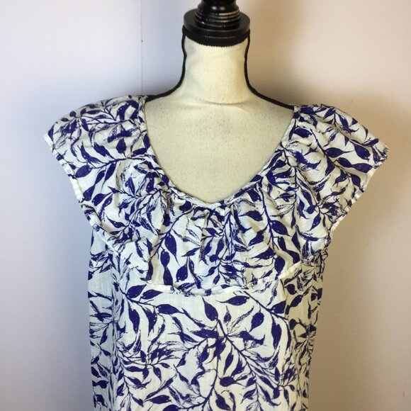 Caffe Marrakesh Blouse Top Sz L Womans Blue Leaf Print Ruffle V-neck Sleeveless - Picture 4 of 14